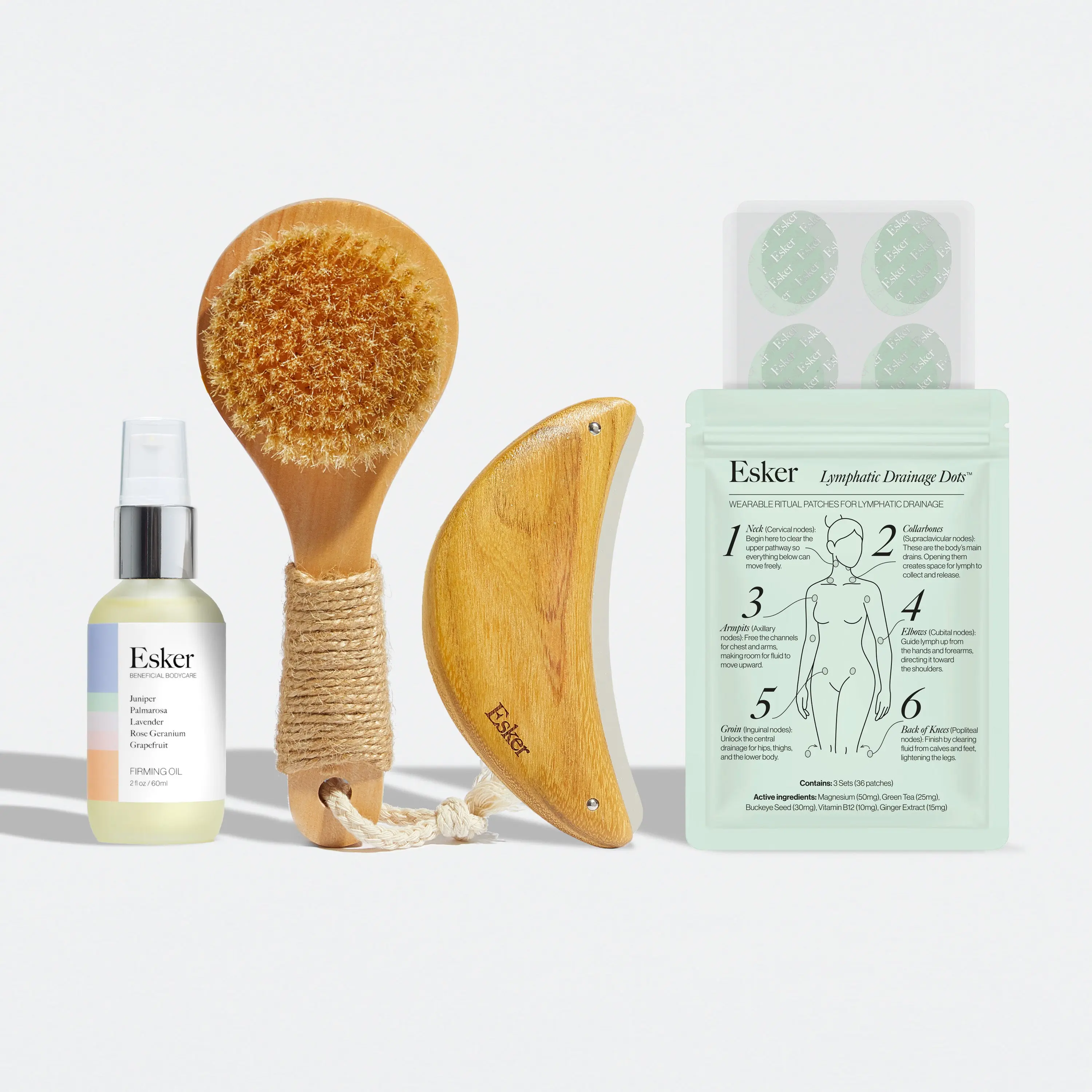 Esker Lymphatic Flow Set | 4-Piece Body Detox Kit with Dry Brush, Body Plane, Oil & NEW Drainage Dots | Daily Self-Care Ritual for Glowing, Energized Skin & Natural Lymphatic Support