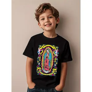 ' Black T-Shirt with Our Lady of Guadalupe Mexican Folk Art Print - Religious Iconography, Round Neck Short Sleeve for Catholic Apparel, Cultural Celebrations & Daily Wear - Machine Washable Latin Clothing for Kids