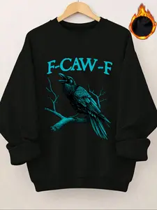 "F-CAW-F" raven print, casual retro solid color long-sleeved pullover, round neck casual sporty Fitted women's pullover sweatshirt, autumn and winter soft fleece-lined women's clothing, Tops