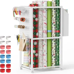 Wrapping Paper Organizer with Wheels, Metal Vertical Gift Wrap Storage Cart, Craft Organizer with 16 Slap Bands for Wrapping Paper Rolls, Wrapping Supplies Storage