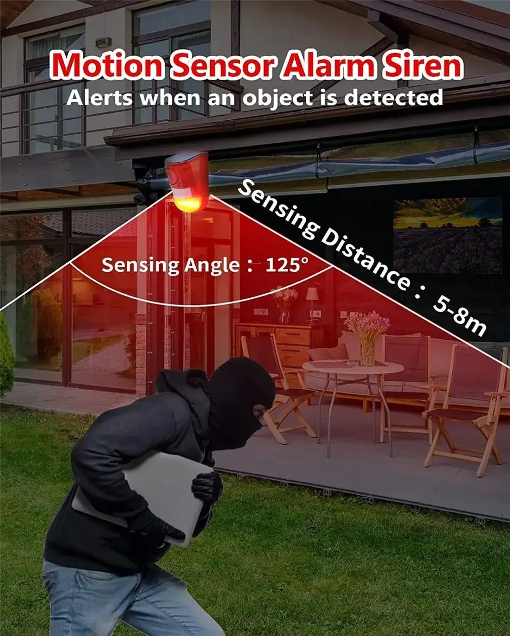 Solar Outdoor Motion Sensor Alarm System, 129dB LoudNoise Maker with 4 Working Modes, IP65 WaterproofDetector, Strobe Light for Garden Home Security & OutdoorGadgets