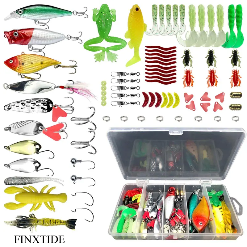 FINXTIDE 78PCS Fishing Lure Set - 172g, 18*10*3cm Anti-Corrosion Freshwater Tackle Kit with Tackle Box, Spoon Lures, Top water Lures, Soft Plastic Worms for Bass, Trout - All-Season Fishing Gear,Love Gift for Halloween