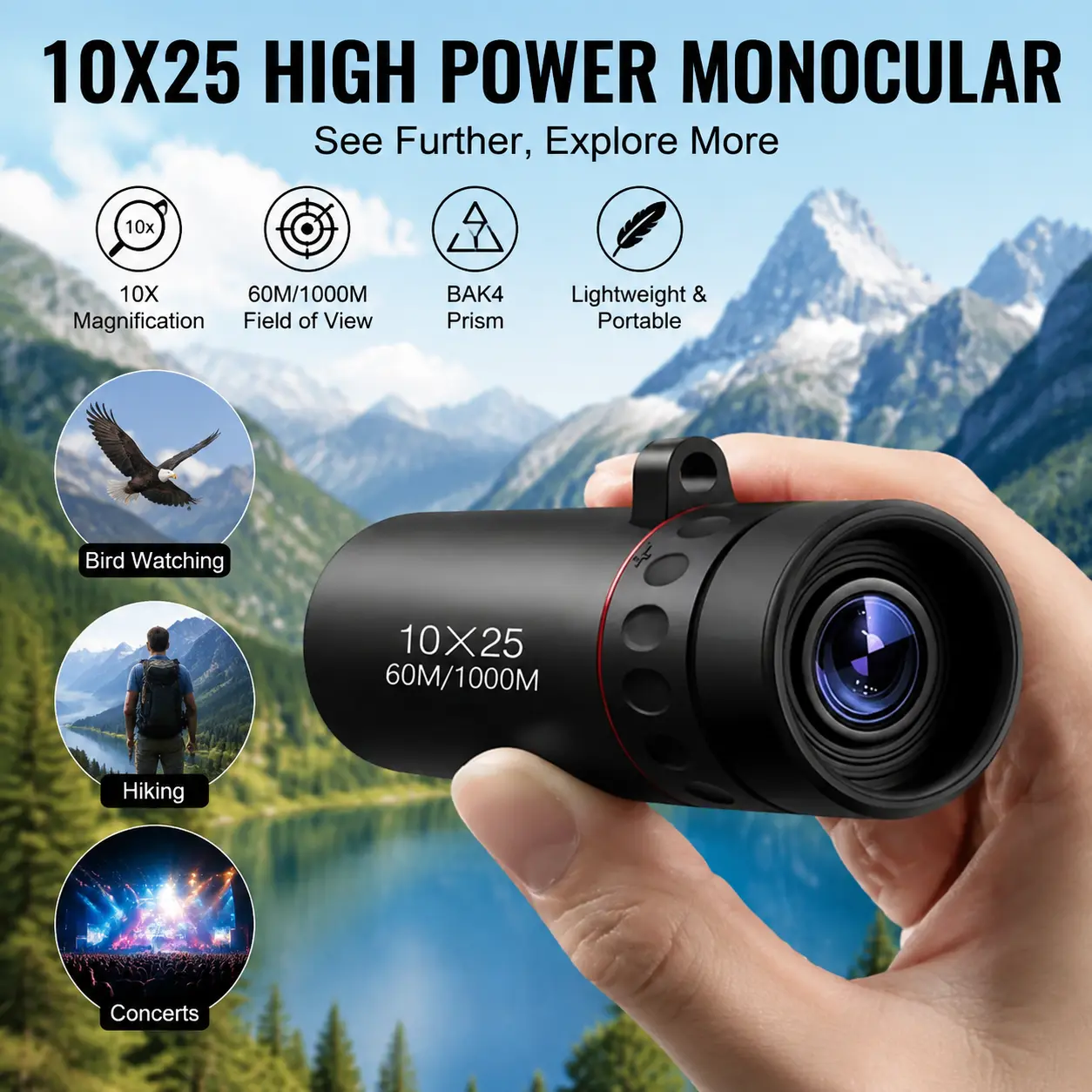Outdoor Monocular Telescopes for Adults - 10X25 High Magnification, Durable Rubber Compact Lightweight Design, Fixed Focus, Ergonomic Grip, Ideal for Hiking, Birdwatching, Hunting (Black)