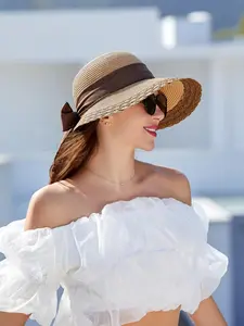 Ribbon Bow Design Straw Hat, Foldable Sun Protection Hat, Lightweight Sun Hat, Adjustable Sun Hat, Outdoor Sun Hat, UV Blocking Beach Hat, Bohemian Ribbon Shade Hat for Vacation, Sunscreen Hat
