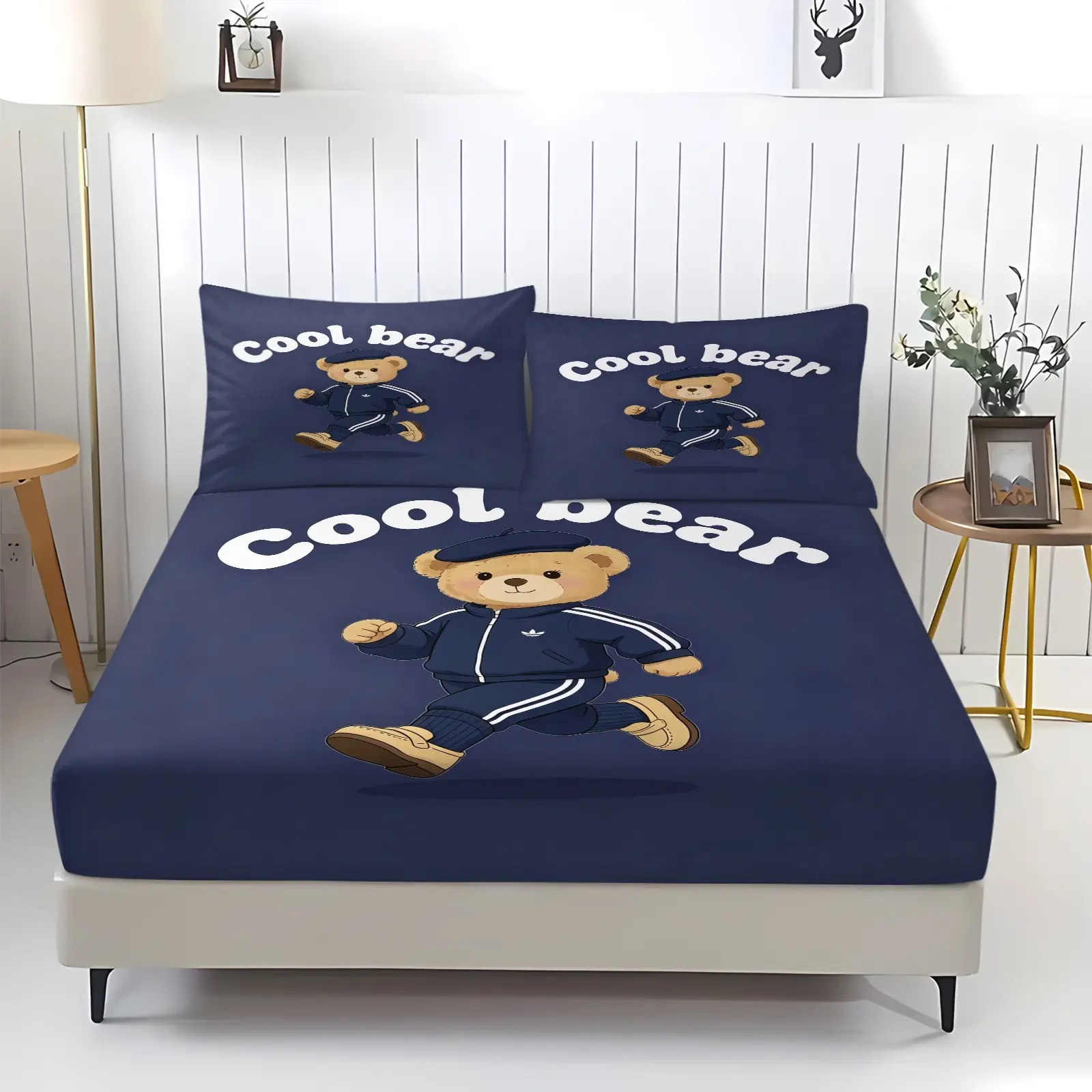 Cool Bear Preppy Sports Fitted Sheet Set, 1 Fitted Sheet with 2 Pillowcases, Casual Athletic Teddy Bear Bedding for Boys, Teens & Bedroom Decor