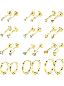 12 Pairs Earrings Sets for Multiple Piercing, Tiny Stud Hoop Earring, 14K Gold Plated Stainless Steel Earrings Set, Tiny Gold Flat Back Studs Earrings for Women Cartilage Hoop Earrings, Stud Earrings Jewelry