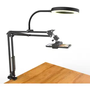 F-CPS09  Overhead Camera Mount with Ring Light, Flexible Articulating Phone Arm Stand Compatible with iPhone, Logitech Webcam, Desk Tripod for YouTube Live Stream Cooking Nail Video Recording