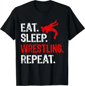 100% Cotton Unisex Eat Sleep Wrestling Repeat Wrestling Player Funny T-Shirt Women's Men Graphic Tee Vingate Printed Casual Round Neck T shirt