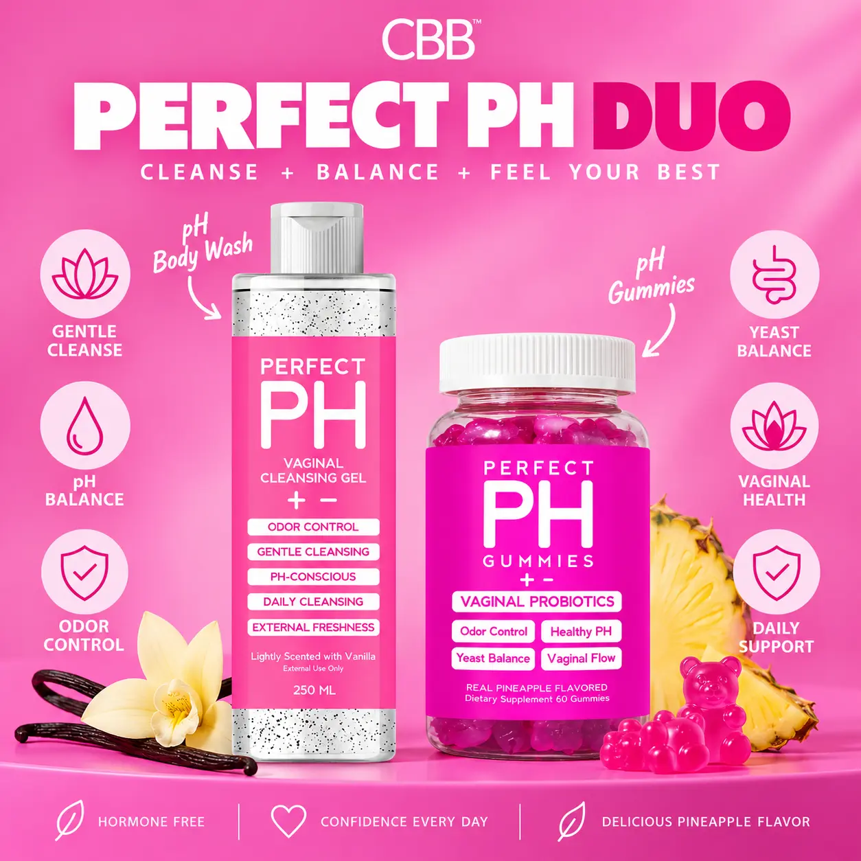 Perfect PH Balanced Shower Gel & Perfect PH Balance Gummies  Value Pack - Daily Odor Control Gentle Feminine Wash & 60 Pineapple Flavored PH Balancing Gummies