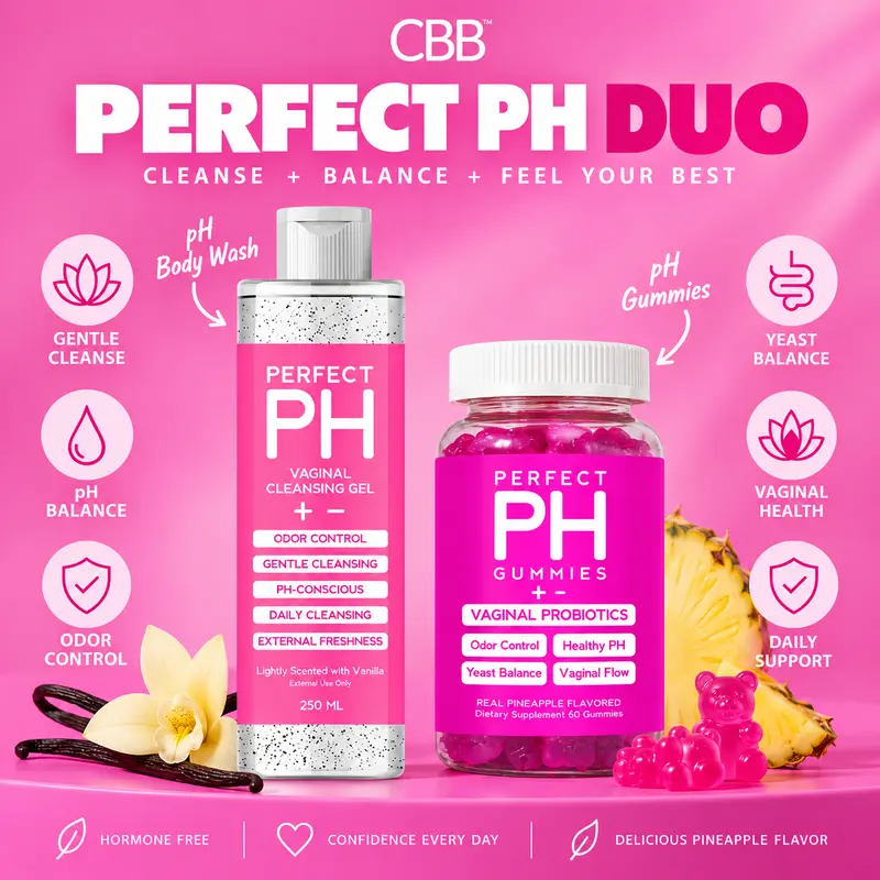 Perfect PH Balanced Shower Gel & Perfect PH Balance Gummies  Value Pack - Daily Odor Control Gentle Feminine Wash & 60 Pineapple Flavored PH Balancing Gummies