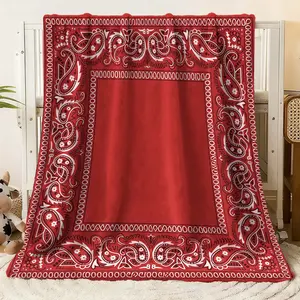 Red Bandana Print Flannel Blanket, Soft Cozy Plush Throw Blanket with Paisley Pattern Edges, Boho Style Decor for Bed Couch Sofa, Warm Lightweight Blanket for All Seasons Bedroom Living Room Deco