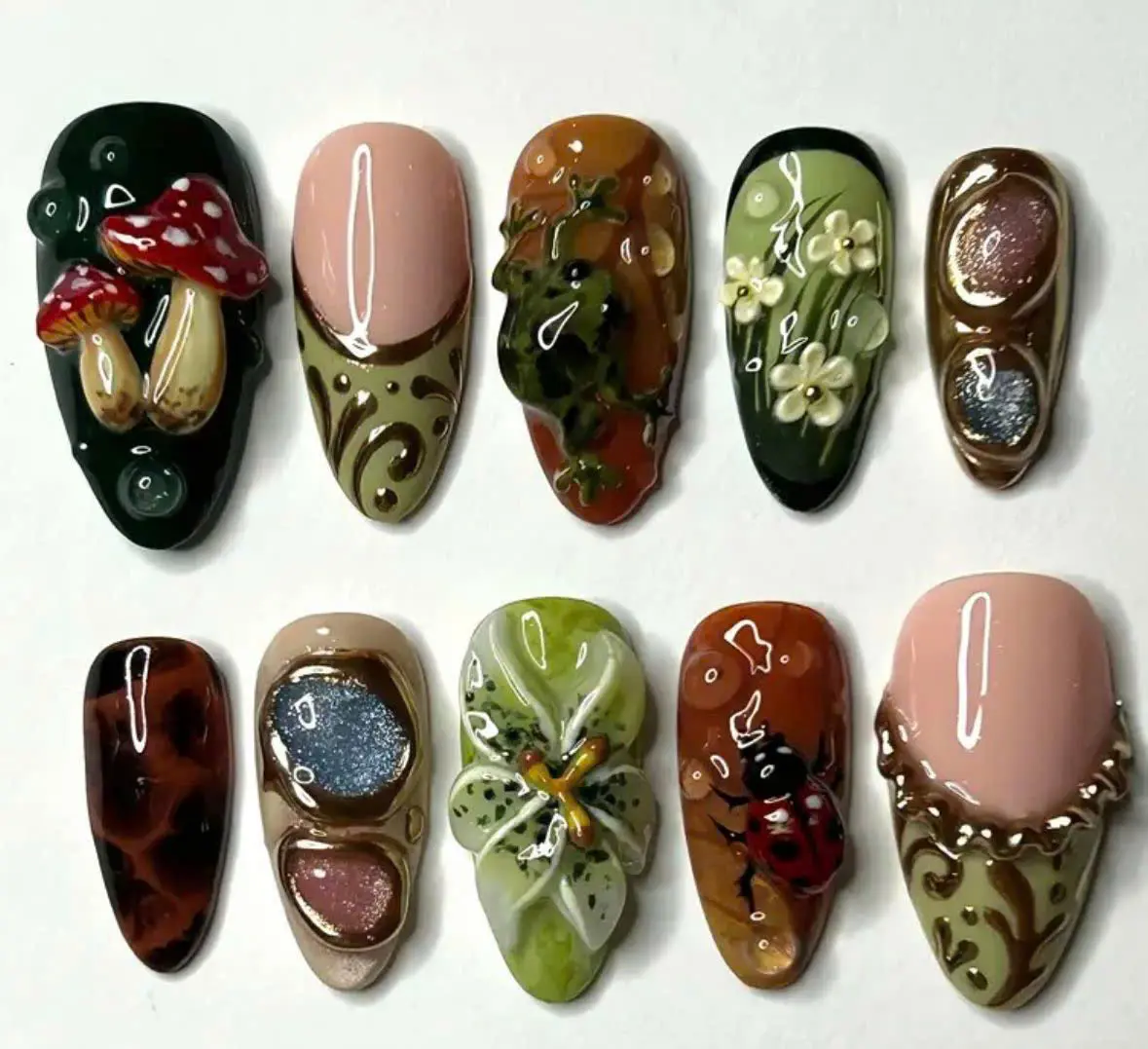 Multicolor Press-On Nails - Handmade Cottagecore Enchanted Forest Reusable Acrylic Set, Nail Inspo with Mushroom, Ladybug, Floral Nature Designs, Chip Resistance, Easy Apply, Handmade Nail Art, Nail Art Decoration