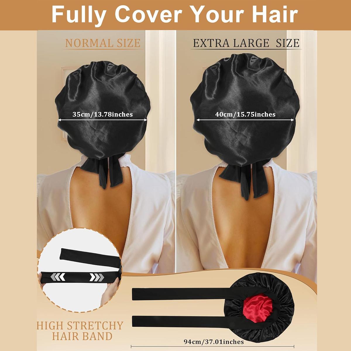 Large Double Layer Solid Satin Bonnets Silk Like Texture for Sleeping Cap with Elastic Band Reversible for Curly Hair Bonnets Gifts for Women