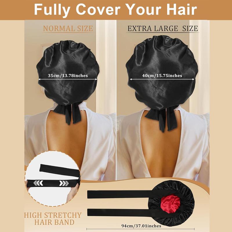 Large Double Layer Solid Satin Bonnets Silk Like Texture for Sleeping Cap with Elastic Band Reversible for Curly Hair Bonnets Gifts for Women