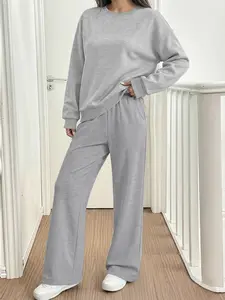 Women's Loose Fit Sweater & Wide Leg Pants Set, Casual All-Season Clothing, Comfortable Home Wear, Stylish Daily
