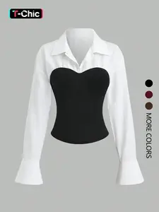 This women's white long-sleeved blouse with puff sleeves and patchwork design is elegant versatile, suitable for everyday wear various occasions Shirts Casual Chic Fitted Classy Top, Outdoor, Flexible Fit, Stylish