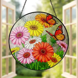 Gerber Daisy & Butterfly Glass Suncatcher: Round Window Hanging