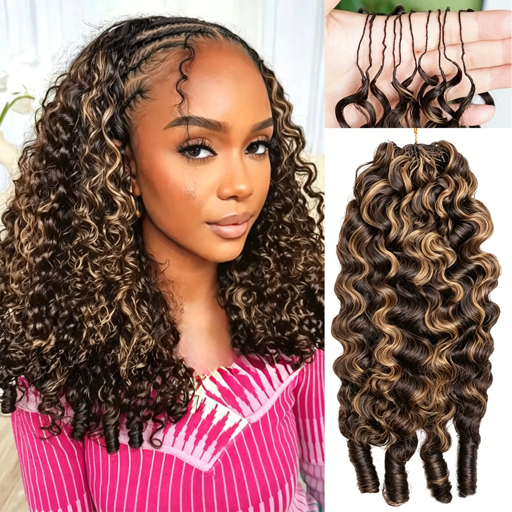 Bling Hair 4/27 Highlight Burmese Curly Human Hair Bundles Curly With Spiral Curly End Miracle Knots Feather Crochet Hair For Boho Braiding Brazilian Remy Human Hair Extensions For Full Head Bundle