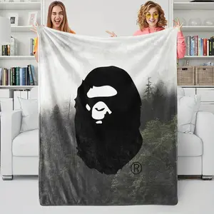 BAPE Ape Head Forest Gradient Flannel Sofa Bed Blanket, Gray White Gradient Forest & Ape Head Black Silhouette Plush Blanket, Soft Smooth Thick Dense, Indoor Outdoor Use, Street Style Home Decor Gift for Fan, Flannel Throw Blanket