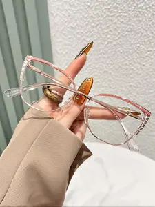 Metal Light Blocking Glasses, Fashion Rhinestone Cat Eye Design, Large Frame Slimming Effect, Unisex Eyewear for Daily Wear, Fashion Eyeglasses