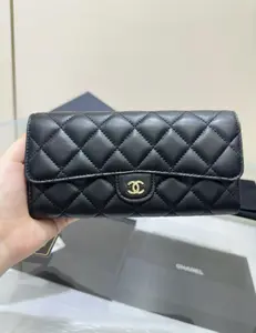 Pre-owned CHANEL Classic Long Flap Wallet, Black Lambskin Leather, Silver Hardware