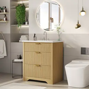 Fluted Bathroom Vanity with basin – Modern Freestanding Cabinet – Contemporary Ceramic Basin – Multiple Drawers for Storage – Easy Assembly & Cleaning – Ideal for Powder Rooms & Guest Bathrooms