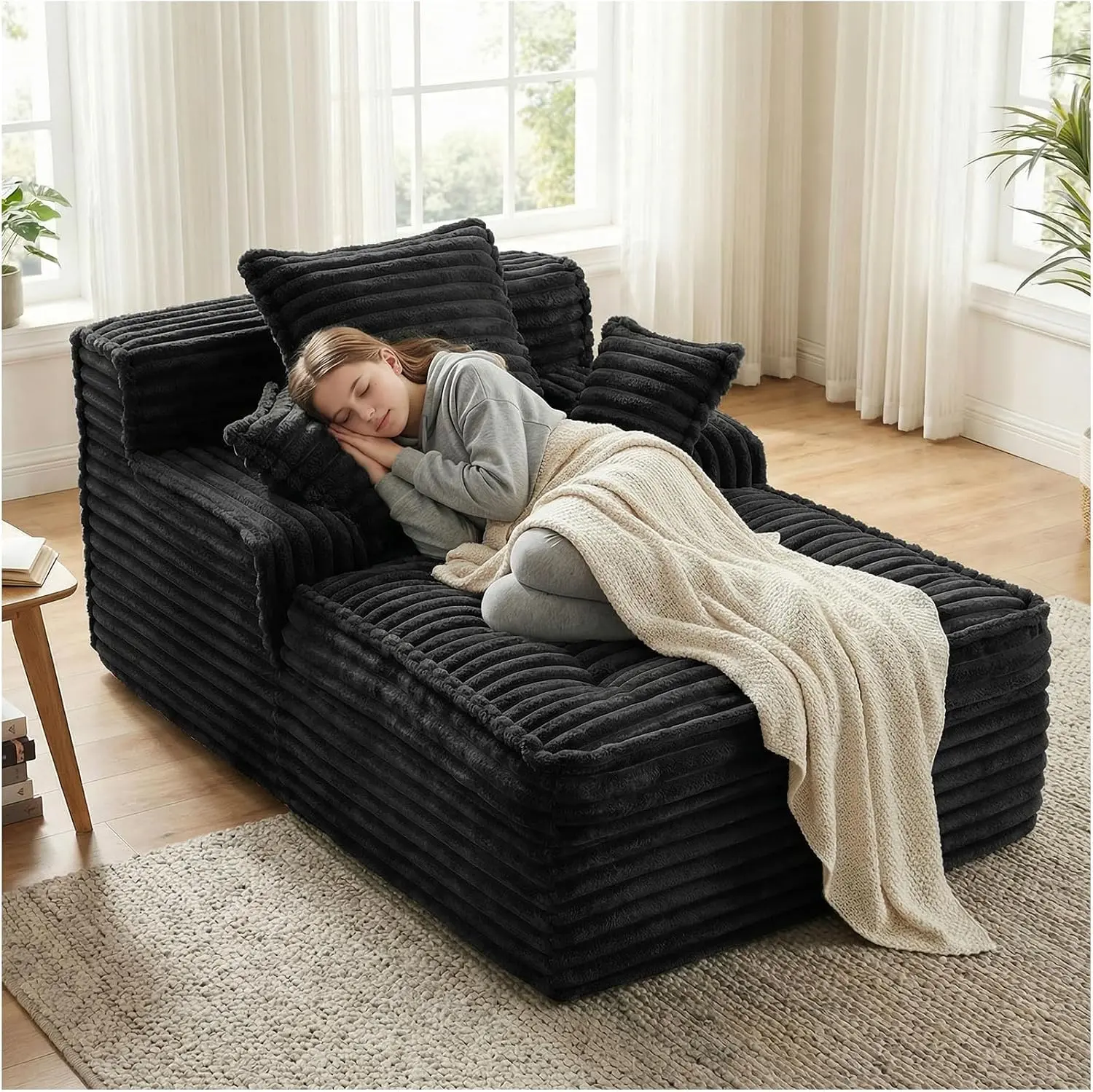 Winzoo Small Boneless Armchair - Corduroy Foam Boneless Couch Loveseat, Cozy Fluffy Sleeper, 3 Pillows, Wide Arms, Compression Design, Supportive Seating, Home Decor Sitting Living Room Indoor Furniture