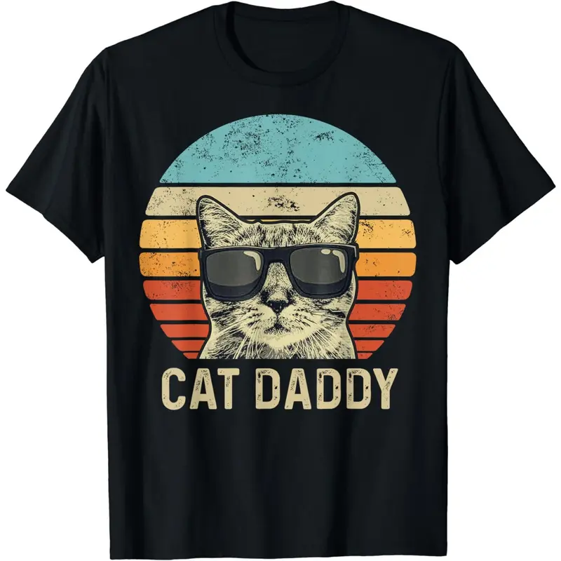 Men's Casual Cotton Short-Sleeve Fitness T-Shirt, Retro Sunglasses Themed, Cool Father's Day Gift for Cat Dads