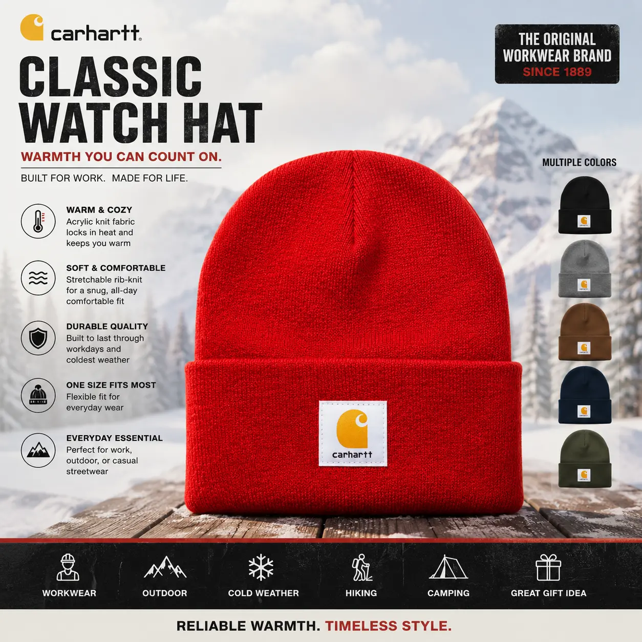 Carhartt Classic Watch Hat Beanie for Men & Women, Iconic Logo Cuffed Knit Winter Cap, Warm Cozy Cold Weather Workwear Beanie, Soft Stretch Outdoor Hat for Hiking Camping Travel, Casual Streetwear & Everyday Wear