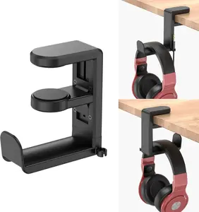 Rotating Headphone Stand & Headset Holder Clamp-On Under Desk Hanger with 360° Swivel Cable Clip Organizer for Gaming Headset Stand & Desk Accessories