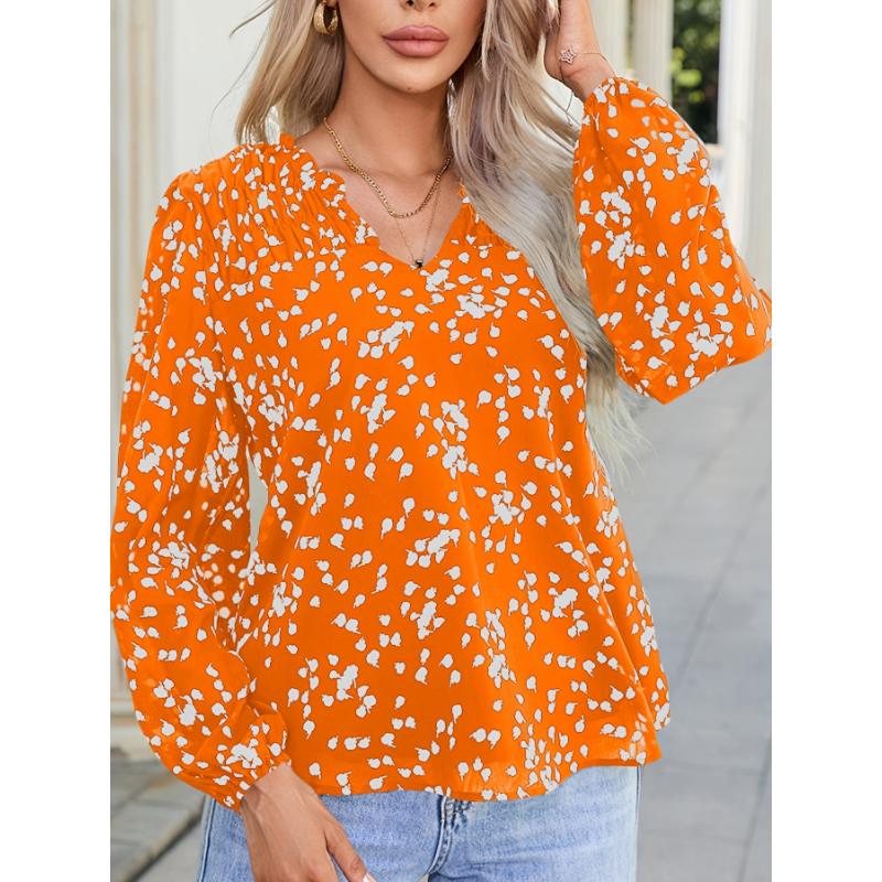 Chic Polka Dot V-Neck Blouse for Women - Casual Long Sleeve, Loose Fit Top with Pleated Detail, Machine Washable, ZAFUL