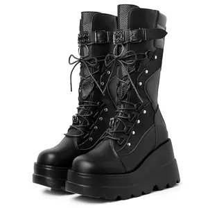 Women's Gothic Platform Boots Chunky Wedge Heel Lace-Up Zipper Round Toe Mid-Calf Motorcycle Booties with Rivets & Buckles for Bold Rave Looks