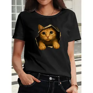 Women's Cute Peeking Cat T-Shirt - Orange Cat Print Short-sleeved Top, a Must-have for Pet Lovers. Round Neck Top for Spring, Summer, and Autumn. Suitable for Daily Wear, Commuting, and Casual. Stretchy Fabric, Machine Washable.