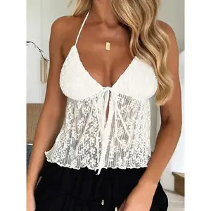Women's Tie Front Backless Spaghetti Strap Halter Neck Top, Fashion Casual Elegant Semi-sheer Tie Back Top for Summer, Women's Clothing for Beach Holiday, Boho Chic Sleeveless Womenswear