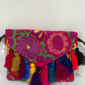 Colorful Floral Embroidered Clutch with Vibrant Tassels and Black Strap