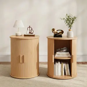 2-Piece Oak Modern Round Fluted End Tables, Tall Design with Sliding Tambour Door & Adjustable Storage Shelf, Versatile Nightstand for Living Room, Bedroom