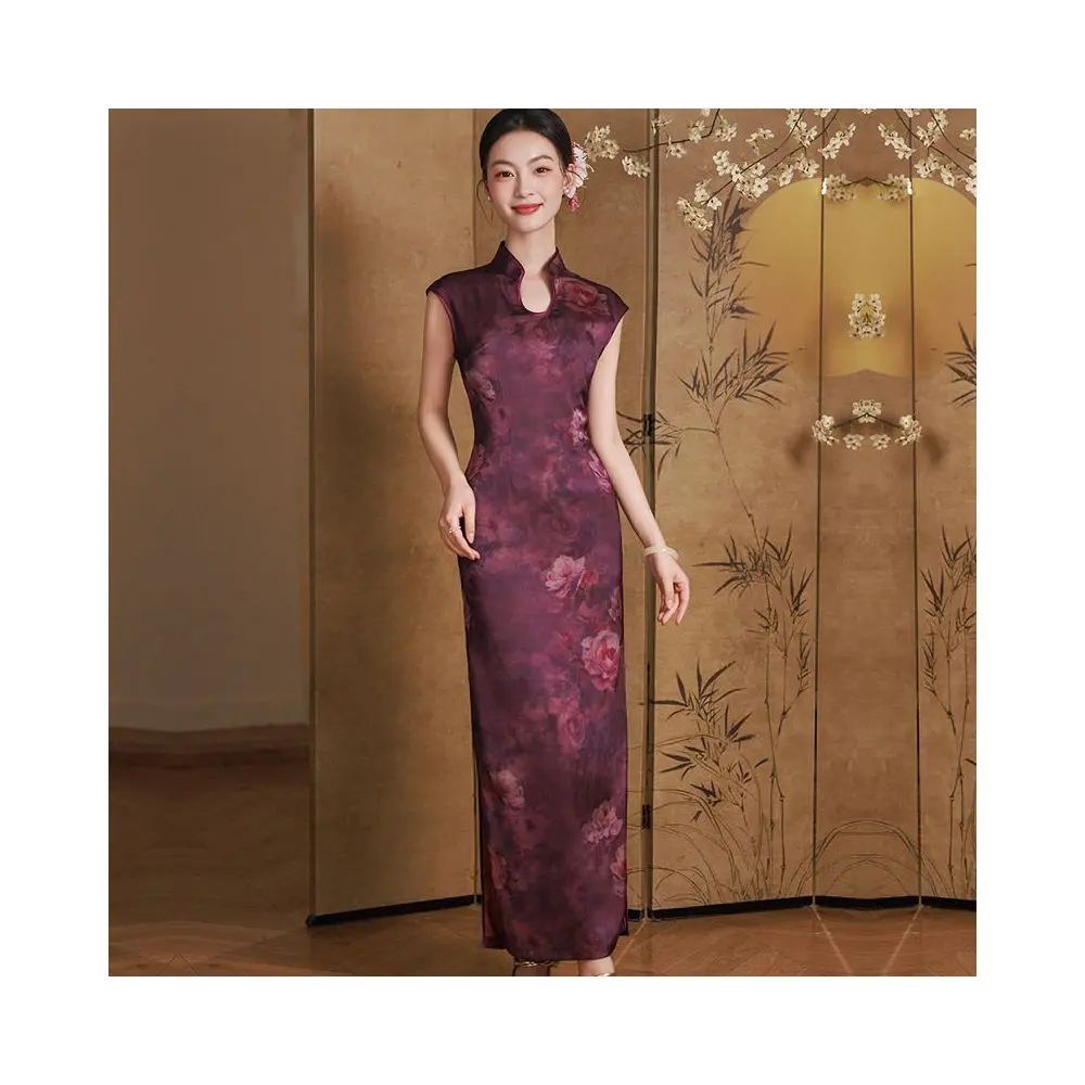 Plum Floral Sleeveless Maxi Qipao Dress | Neo-Chinese Cheongsam, Modern Evening Wear, Elegant Event Wear