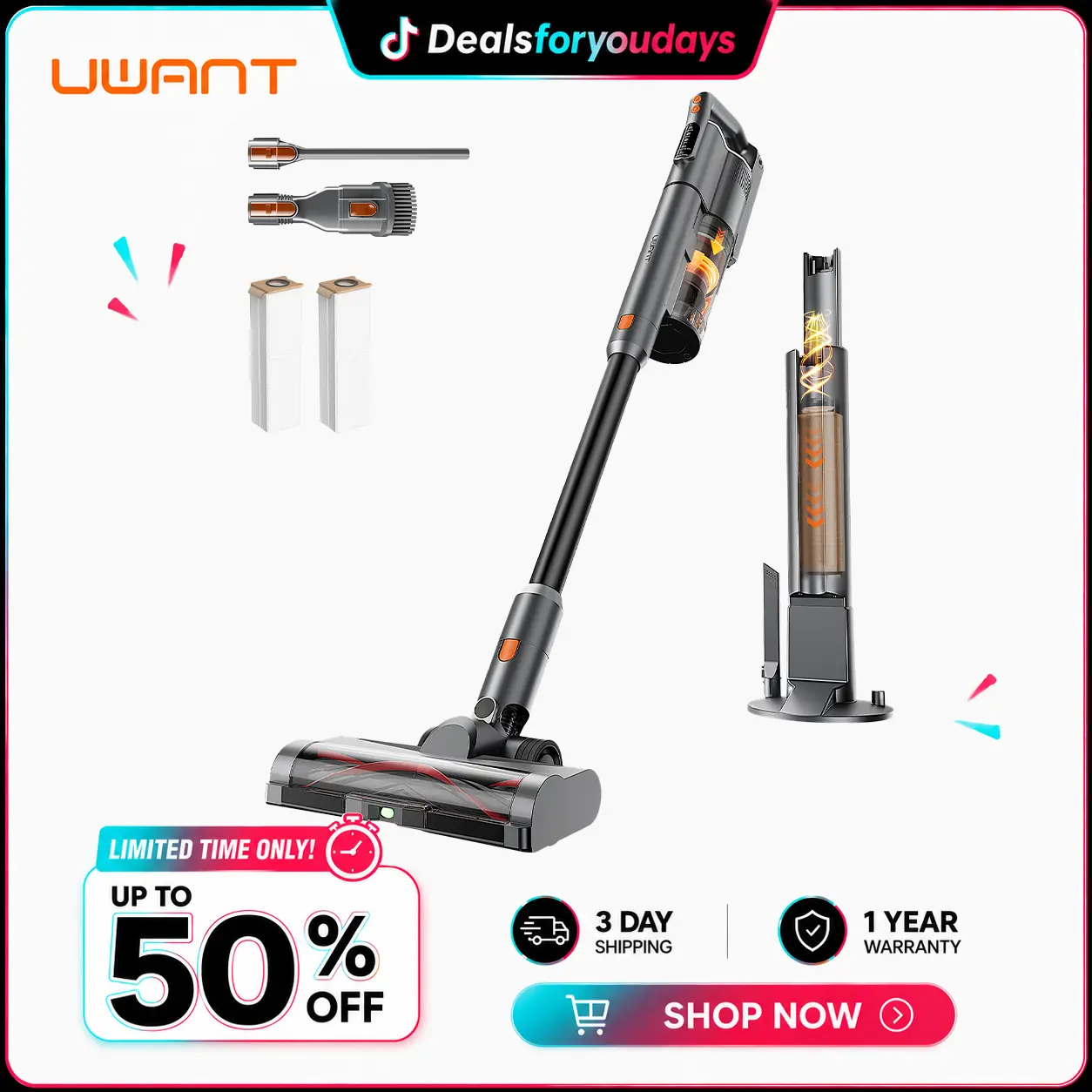 Uwant Self Emptying Cordless Vacuum Cleaner, Powerful Suction for Whole Home Cleaning，Portable,  Stick Vacuum for Pet Hair, Carpets & Hardfloor