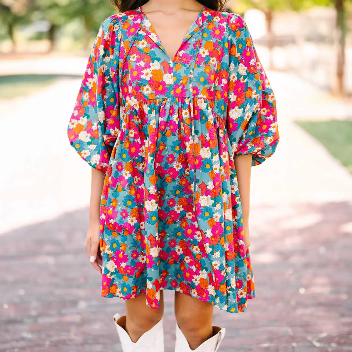 Sky Blue Floral Print Tie Split Neck Bubble Sleeve Babydoll Dress