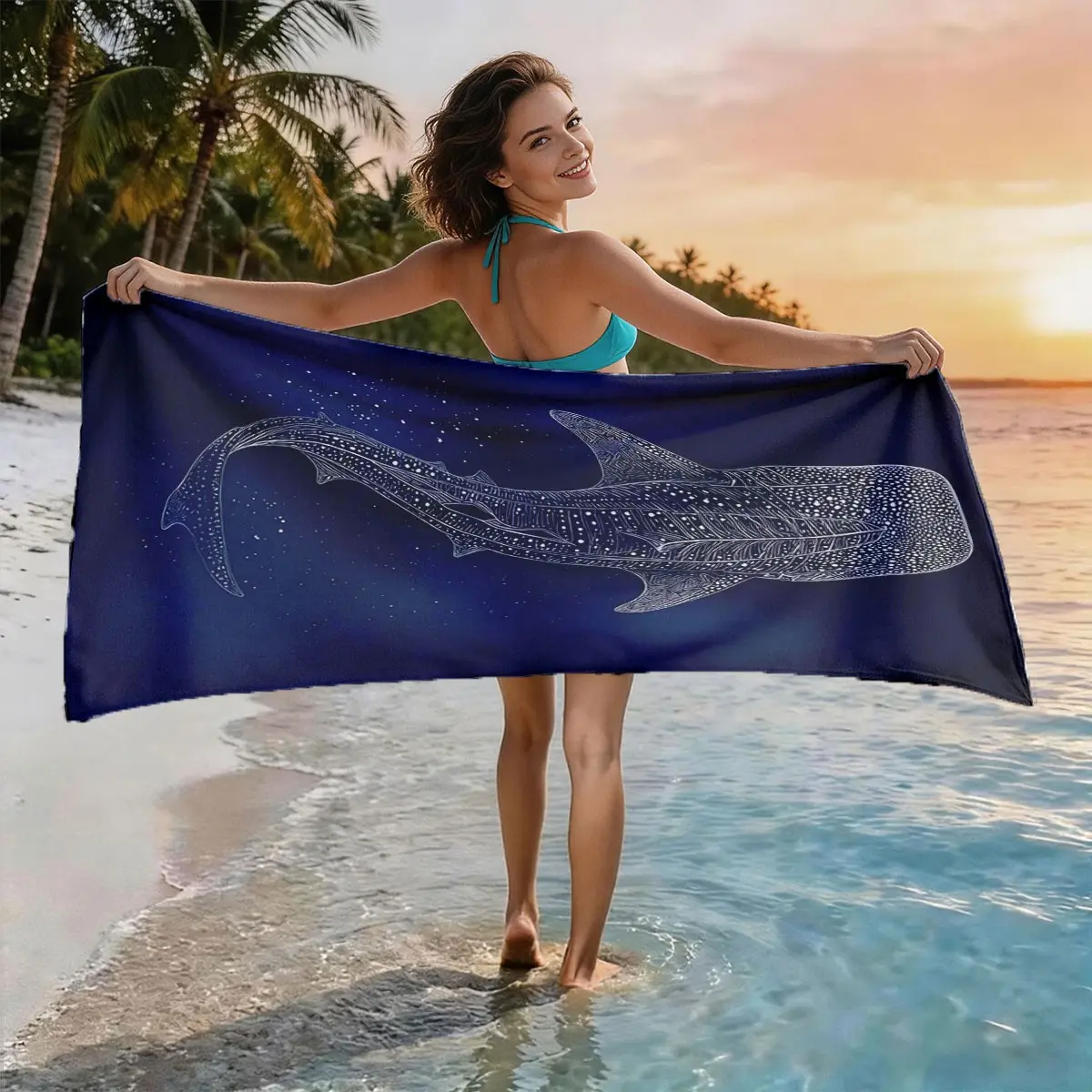 Whale Shark Line Print Design Beach Towel, Skin-Friendly, Absorbent, Quick-Dry, Water Absorbent Towel, Quick Drying Towels, Perfect for Beach, Pool, Summer Travel, Spa, Home Use