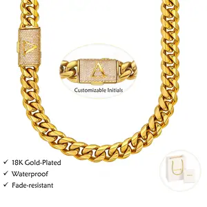 18K Gold Plated Cuban Link Chain Necklace for Men Women, 14mm Stainless Steel Hip Hop Miami Chain, A–Z Initial Diamond Clasp, Waterproof Tarnish-Resistant Heavy Streetwear Jewelry 16–30 Inch  Gold-Plated