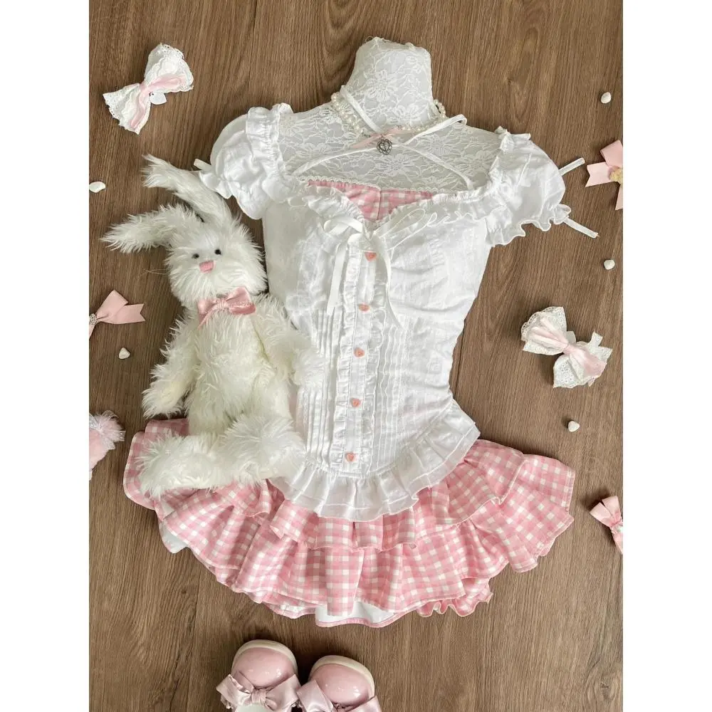 Japanese Kawaii Lolita Elegant 2 Piece Sets Women Pink Y2k Bow Design Mini Skirt Suit Female Princess Sweet Chic Outfits Summer