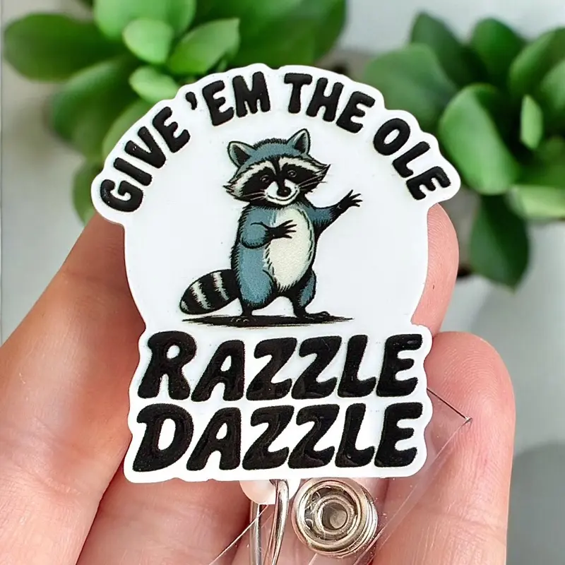 Glitter My Badge Funny raccoon razzle dazzle badge reel for nurse and hospital workers. Badge clip Badge pull - Retractable swivel clip with a 360 rotation. Great gift for coworker. Badge reel for men.