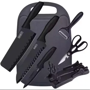 Black 7-Piece Kitchen Chef Knife Set with Cutting Board & Knife Block - Includes 5.0 (5 Reviews) for Cooking 1 Stylish Chopping Professional Stainless Steel Kitchen Knives Set