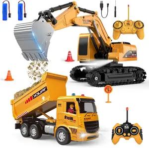 Remote Control Excavator and Dump Truck Toy Set - RC Construction Vehicles Toy with Barricades, Road Signs, Simulated Rocks, Lights and Sounds, Present for Toddlers 3-12 Year Boys Girls