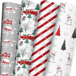 White Christmas Wrapping Paper Bundle for  Adults - Reindeer, Stripes, Woodlands, Snowflake, Red  Winter Scene Designs - 28 x 40 Inches, 6  Sheets, Recycled