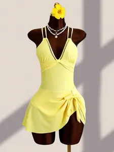 Women's New Arrival One-Piece Swimsuit With Adjustable Straps, Yellow, For Beach Beach Vacation Vacation, Spring/Summer Elegant
