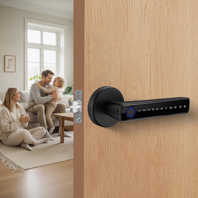 Smart Fingerprint Door Lock with Handle Keyless Entry 4-in-1 Card APP Backup Key Bedroom Home Privacy Apartment Local Data Storage