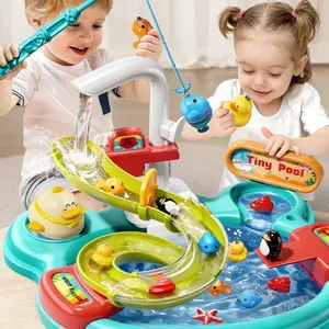 Water Table Play Sink Toys for Toddlers, Kids Play Kitchen Sink with Running Water, 180° Electric Faucet, Floating Fishing Game, Sensory Water Table Toys for Boys Girls Summer Gifts