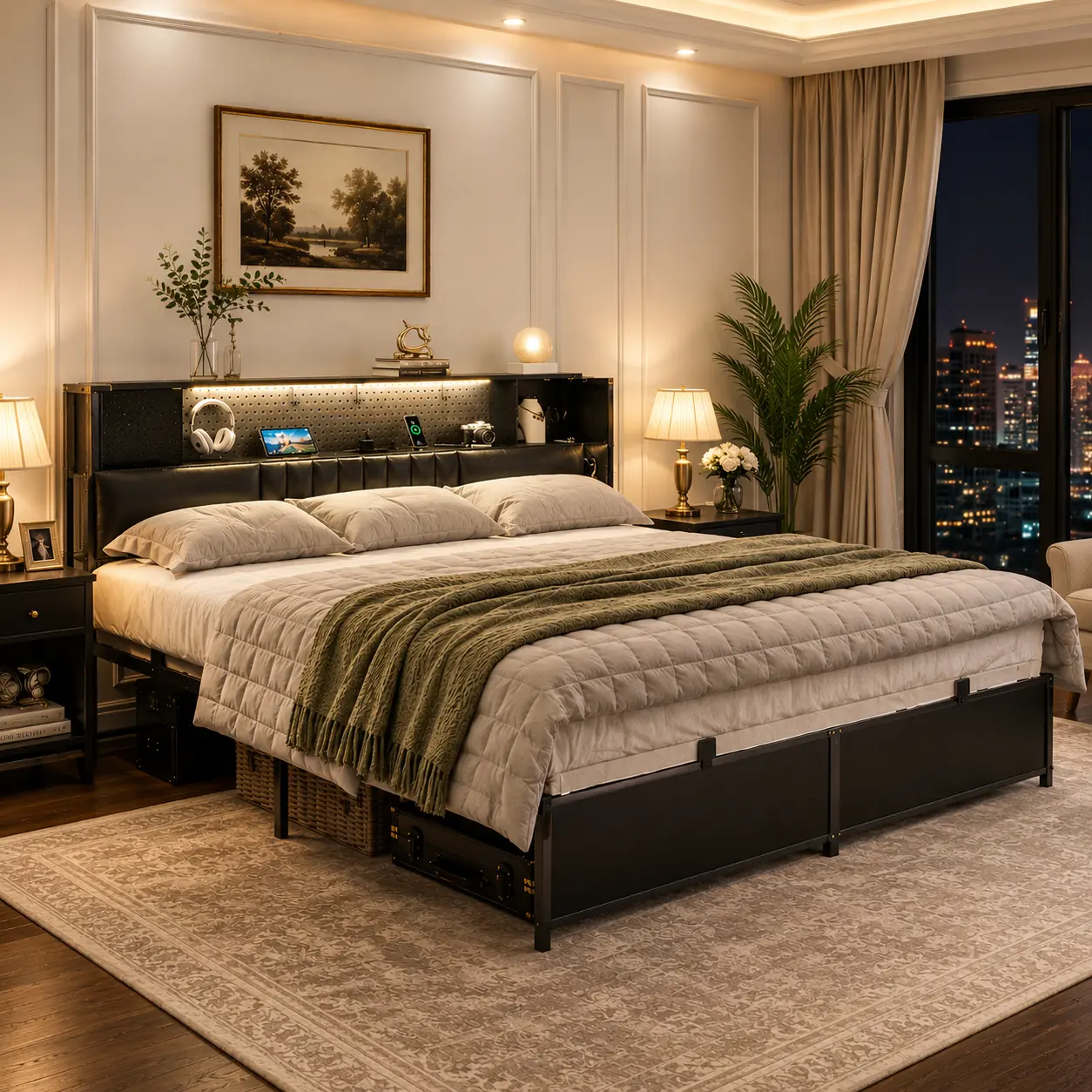 King Size Bed Frame with LED Light ＆ Power Outlets,Platform Bed with Upholstered Headboard and Storage Cabinet,Easy Assembly, Noise-Free